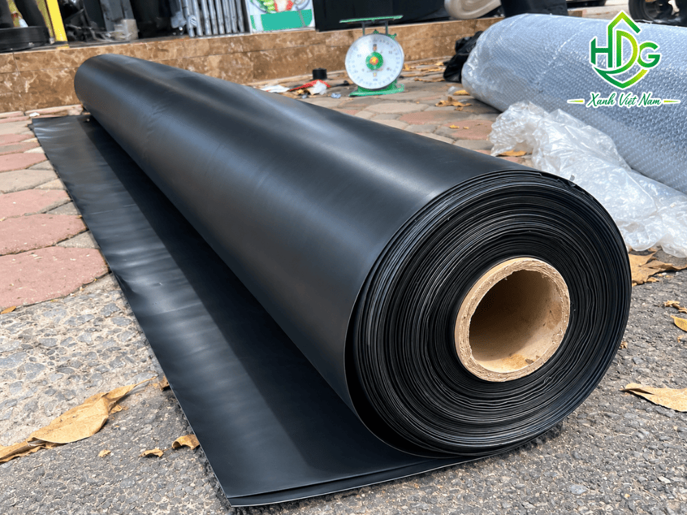 Thi công lót màng chống thấm HDPE 0.5mm cho mô hình ao nuôi tôm thương phẩm.