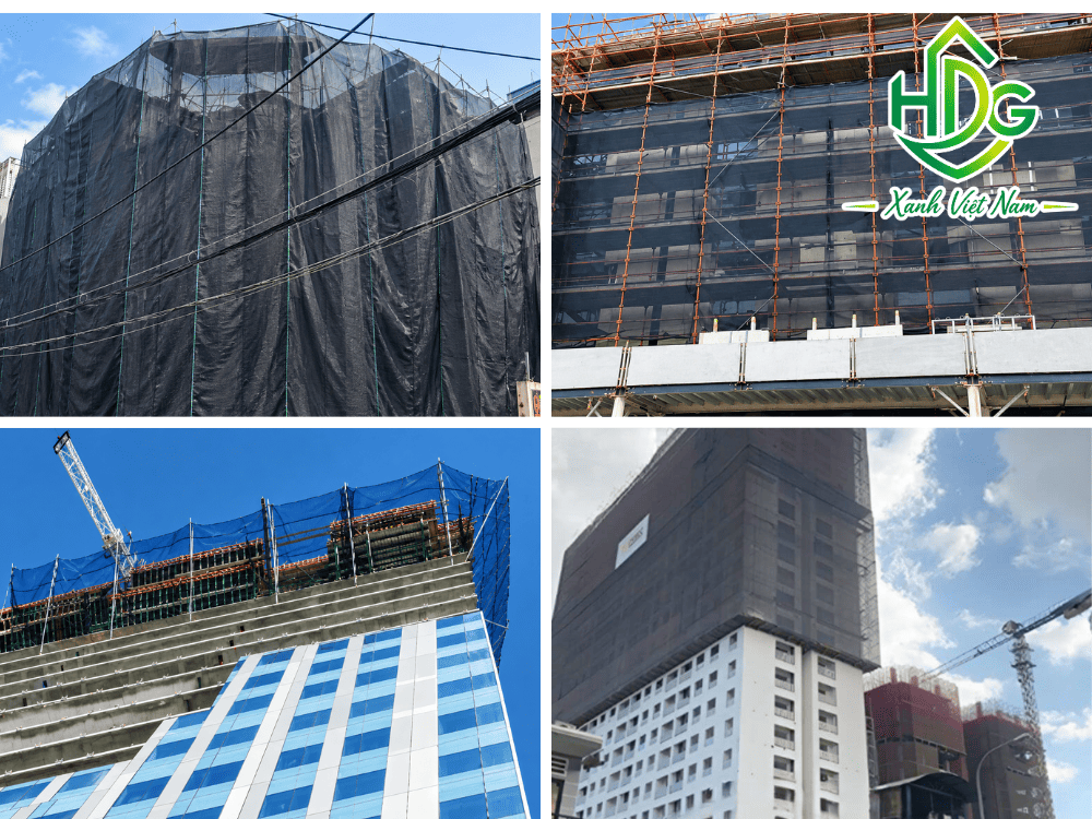 Lưới đen được lắp dọc giàn giáo tại công trường